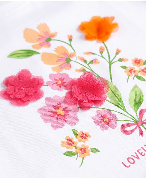 Babyhug Cotton Knit Half Sleeves Top with Floral Print & Applique - Multicolor