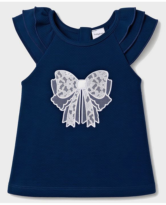 Babyhug 100% Cotton Popcorn Knit Sleeveless Top with Lace Bow Detailing - Navy