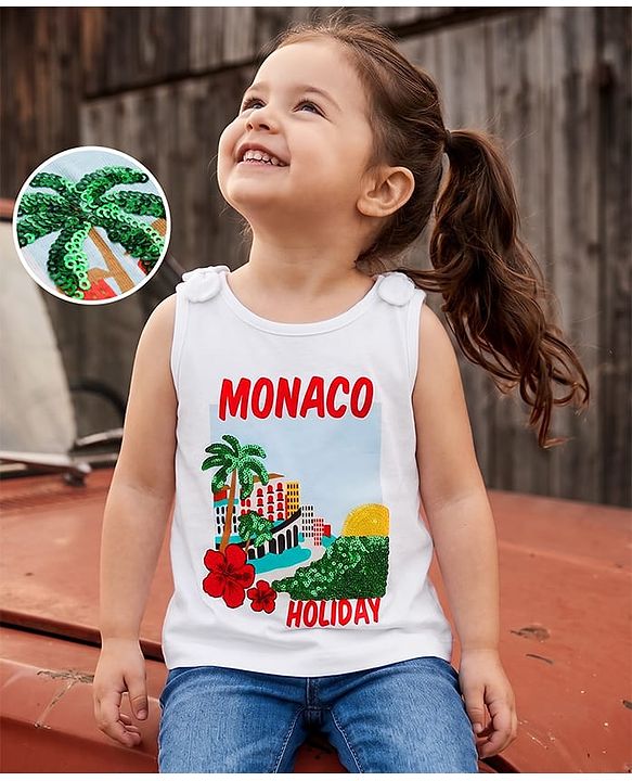 Babyhug 100% Cotton Knit Sequinned & Monaco Holiday Graphic Sleeveless Top with Knot Detailing - White