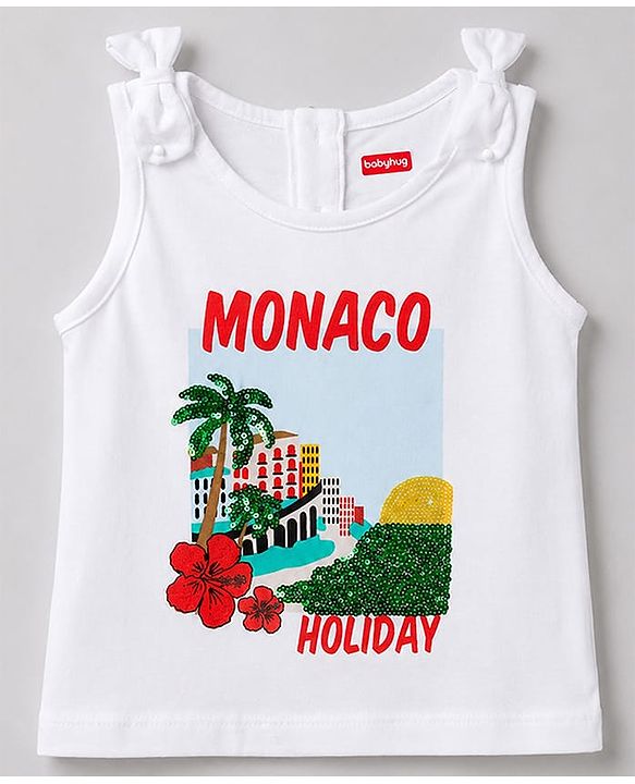 Babyhug 100% Cotton Knit Sequinned & Monaco Holiday Graphic Sleeveless Top with Knot Detailing - White
