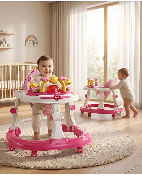 Babyhug 2-in-1 Baby Walker & Push Walker With Musical Play Tray - Pink| Soft Cushion Seat| Compact Fold| Caster Wheels| Adjustable Height| Removable Activity Tray| Toy for 9+ months| Gifting Option