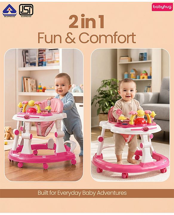 Babyhug 2-in-1 Baby Walker & Push Walker With Musical Play Tray - Pink| Soft Cushion Seat| Compact Fold| Caster Wheels| Adjustable Height| Removable Activity Tray| Toy for 9+ months| Gifting Option