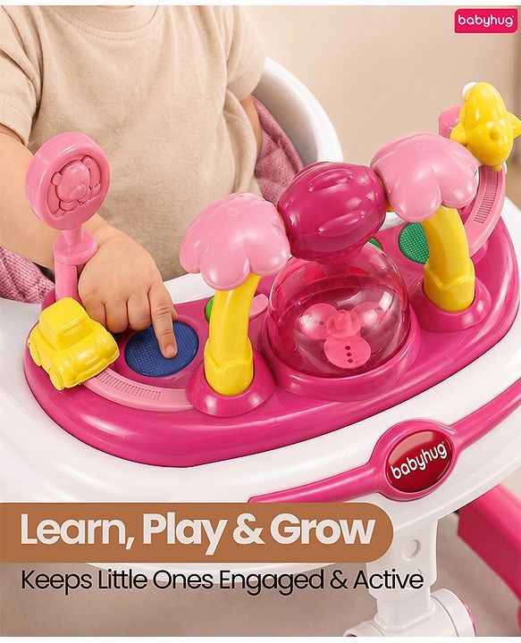Babyhug 2-in-1 Baby Walker & Push Walker With Musical Play Tray - Pink| Soft Cushion Seat| Compact Fold| Caster Wheels| Adjustable Height| Removable Activity Tray| Toy for 9+ months| Gifting Option