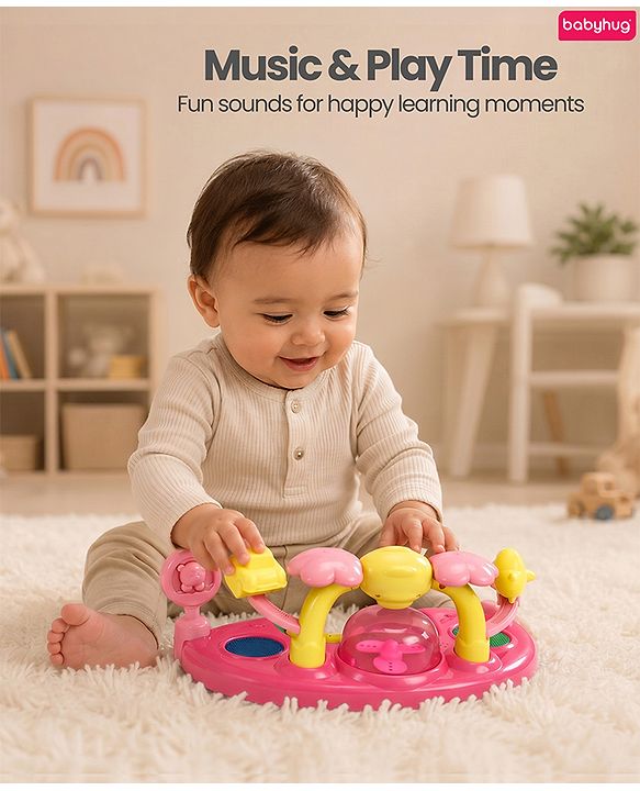 Babyhug 2-in-1 Baby Walker & Push Walker With Musical Play Tray - Pink| Soft Cushion Seat| Compact Fold| Caster Wheels| Adjustable Height| Removable Activity Tray| Toy for 9+ months| Gifting Option
