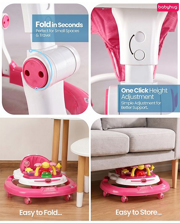 Babyhug 2-in-1 Baby Walker & Push Walker With Musical Play Tray - Pink| Soft Cushion Seat| Compact Fold| Caster Wheels| Adjustable Height| Removable Activity Tray| Toy for 9+ months| Gifting Option