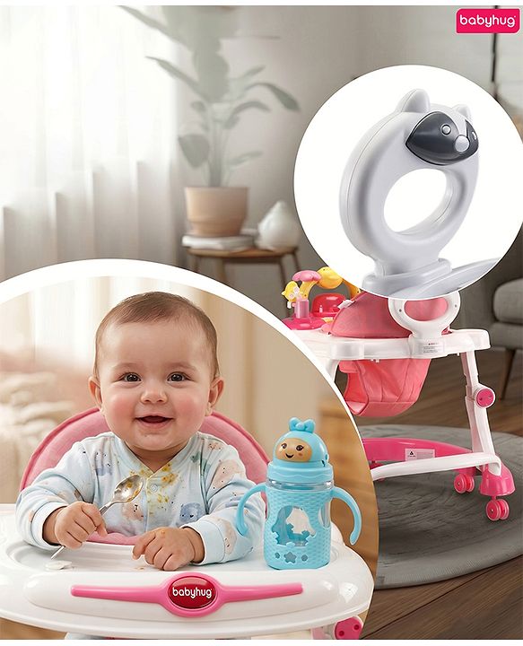 Babyhug 2-in-1 Baby Walker & Push Walker With Musical Play Tray - Pink| Soft Cushion Seat| Compact Fold| Caster Wheels| Adjustable Height| Removable Activity Tray| Toy for 9+ months| Gifting Option