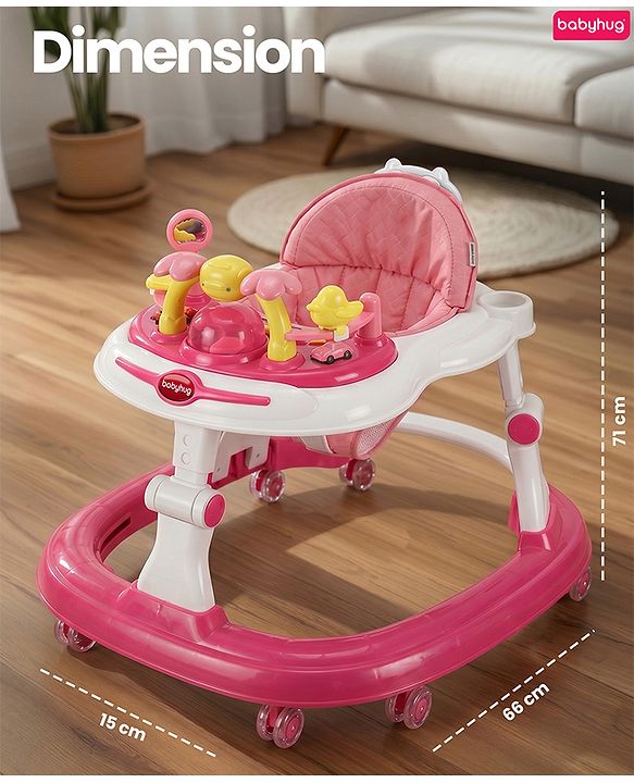 Babyhug 2-in-1 Baby Walker & Push Walker With Musical Play Tray - Pink| Soft Cushion Seat| Compact Fold| Caster Wheels| Adjustable Height| Removable Activity Tray| Toy for 9+ months| Gifting Option