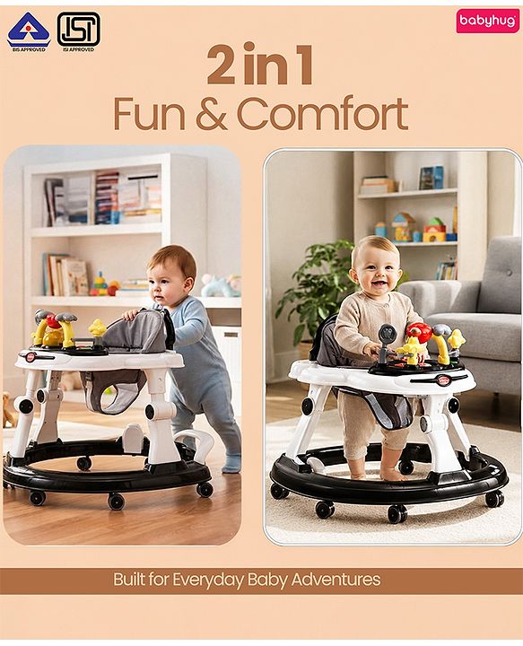 Babyhug 2-in-1 Baby Walker & Push Walker With Musical Play Tray - Pink| Soft Cushion Seat| Compact Fold| Caster Wheels| Adjustable Height| Removable Activity Tray| Toy for 9+ months| Gifting Option