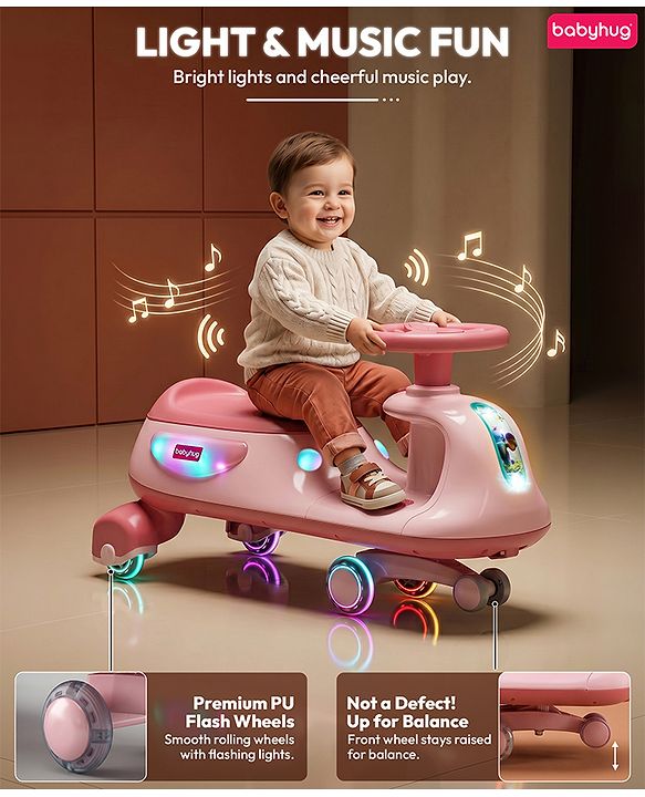 Babyhug Kids Twister Swing Car With LED Lights & Music - Pink| Smooth PU Wheels| Encourages Active Play| Built for Rough Play| Easy to Handle| Sport Gift for 3 to 8 yrs Boys & Girls| Comfortable Seat