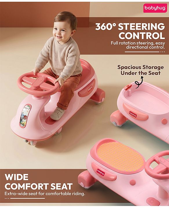 Babyhug Kids Twister Swing Car With LED Lights & Music - Pink| Smooth PU Wheels| Encourages Active Play| Built for Rough Play| Easy to Handle| Sport Gift for 3 to 8 yrs Boys & Girls| Comfortable Seat