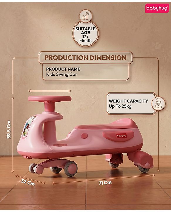 Babyhug Kids Twister Swing Car With LED Lights & Music - Pink| Smooth PU Wheels| Encourages Active Play| Built for Rough Play| Easy to Handle| Sport Gift for 3 to 8 yrs Boys & Girls| Comfortable Seat