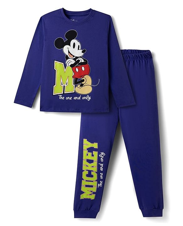 Pine Kids Disney 100% Cotton Knit Full Sleeves T-Shirt & Pyjama Night Suit With Mickey Mouse Graphics - Purple