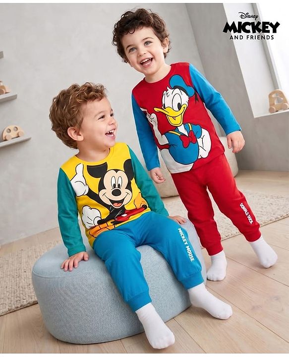 Babyhug Disney Single Jersey Knit Full Sleeves T-Shirt & Pyjama Night Suit With Mickey Mouse & Donald Duck Graphic Pack of 2 - Red / Blue