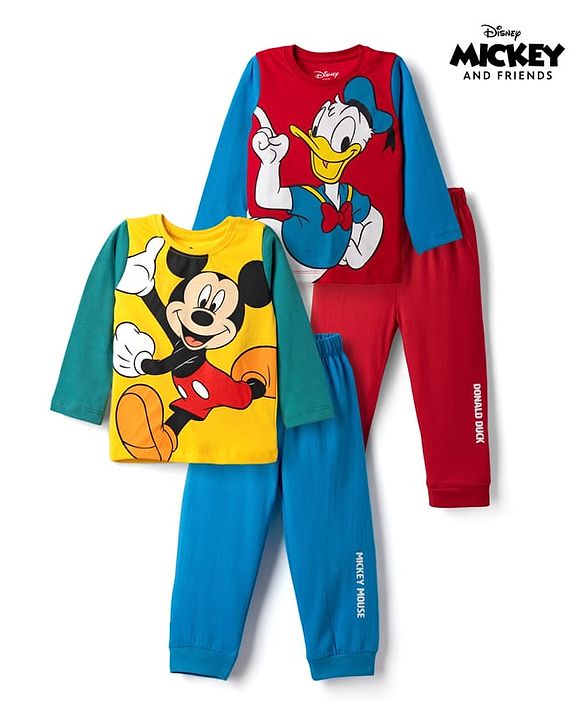 Babyhug Disney Single Jersey Knit Full Sleeves T-Shirt & Pyjama Night Suit With Mickey Mouse & Donald Duck Graphic Pack of 2 - Red / Blue
