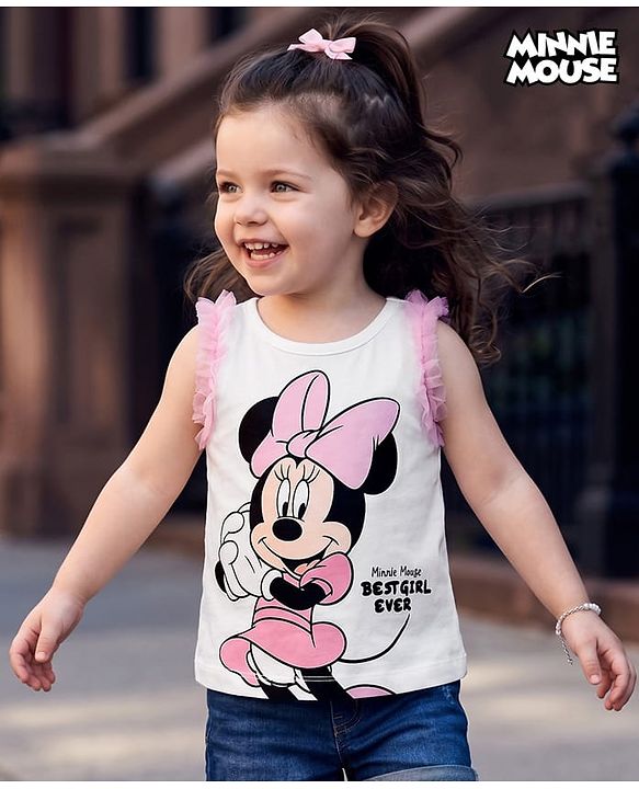 Babyhug Disney Cotton Knit Sleeveless T-Shirt with Minnie Mouse Graphics White 3-6 Months
