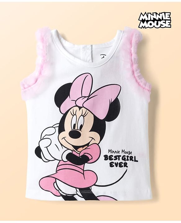 Babyhug Disney Cotton Knit Sleeveless T-Shirt with Minnie Mouse Graphics White 3-6 Months