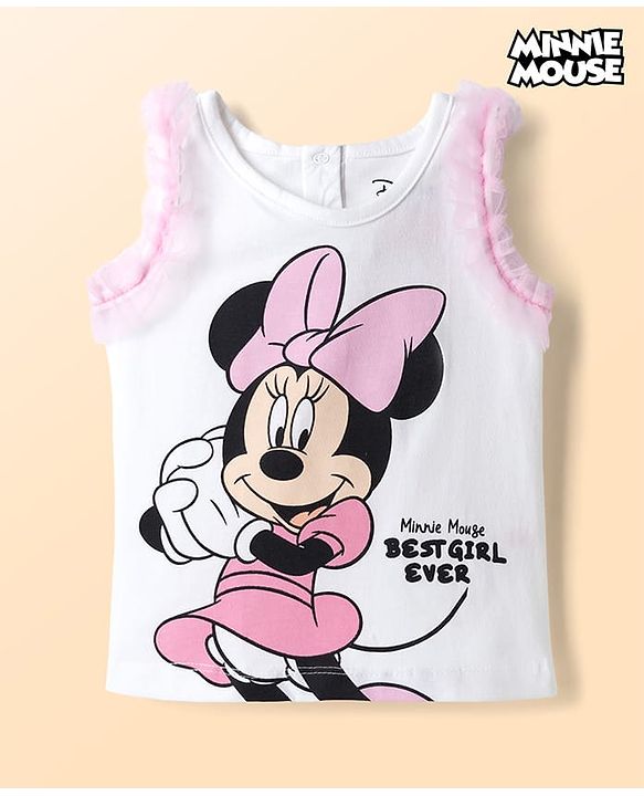 Babyhug Disney Cotton Knit Sleeveless T-Shirt with Minnie Mouse Graphics White 3-6 Months