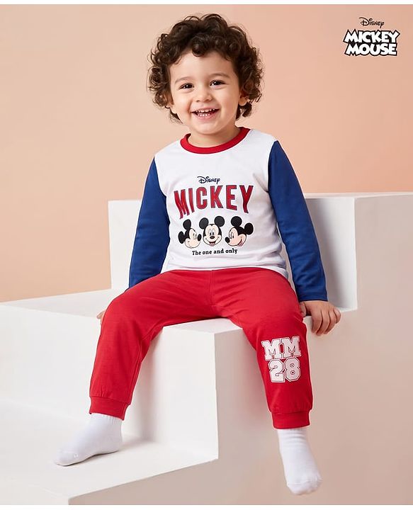 Babyhug Disney 100% Cotton Knit Full Sleeves T-Shirt & Pyjama Night Suit - Blue & Red
