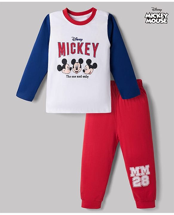 Babyhug Disney 100% Cotton Knit Full Sleeves T-Shirt & Pyjama Night Suit - Blue & Red