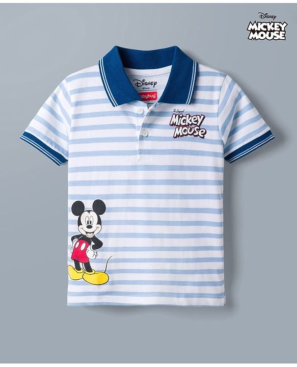 Babyhug Disney Single Jersey Knit Half Sleeves Striped Polo T-Shirt With Mickey Mouse Graphic - Blue