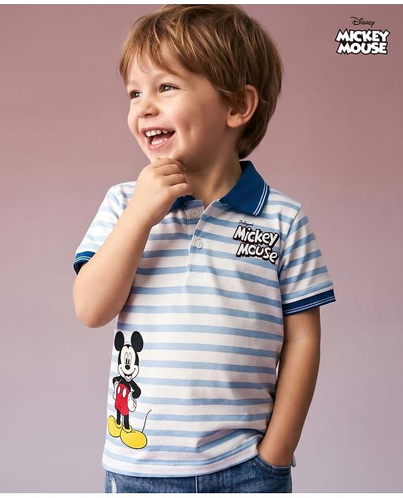 Babyhug Disney Single Jersey Knit Half Sleeves Striped Polo T-Shirt With Mickey Mouse Graphic - Blue