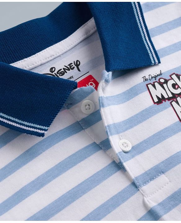Babyhug Disney Single Jersey Knit Half Sleeves Striped Polo T-Shirt With Mickey Mouse Graphic - Blue
