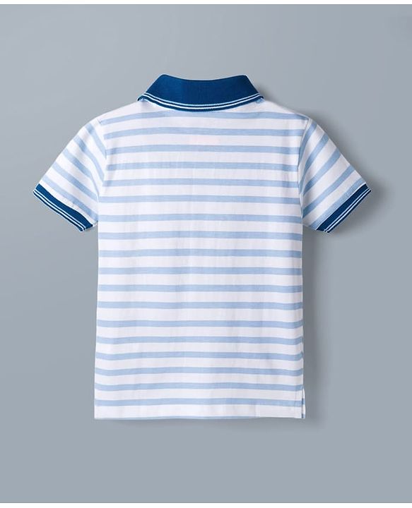 Babyhug Disney Single Jersey Knit Half Sleeves Striped Polo T-Shirt With Mickey Mouse Graphic - Blue
