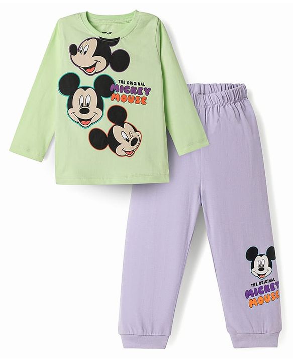 Babyhug Disney Single Jersey Knit Full Sleeves T-Shirt Payjama Nightsuit with Micky Mouse Graphics  - Limegreen & Lavender