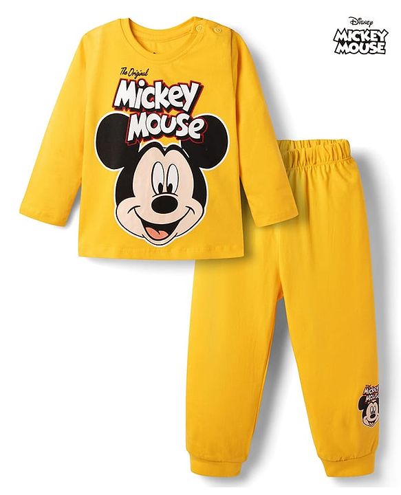 Babyhug Disney 100% Cotton Knit Full Sleeves T-Shirt & Pyjama Night Suit With Micky Mouse Graphics- Multicolor