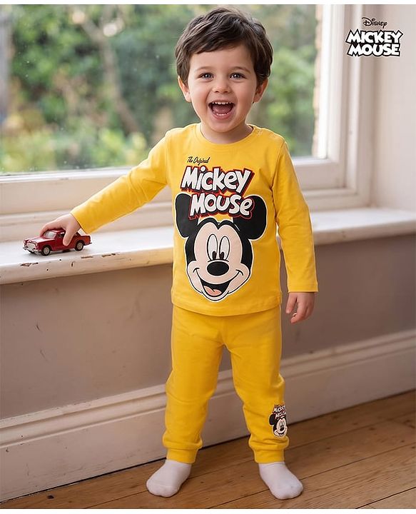 Babyhug Disney 100% Cotton Knit Full Sleeves T-Shirt & Pyjama Night Suit With Micky Mouse Graphics- Multicolor