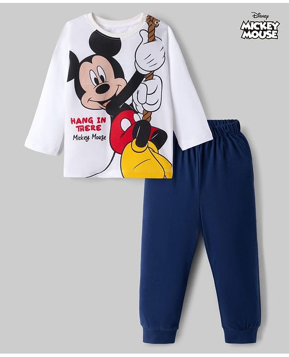 Babyhug Disney Single Jersey Knit Full Sleeves T-Shirt & Pyjama Night Suit With Mickey Mouse Graphic - White / Navy Blue