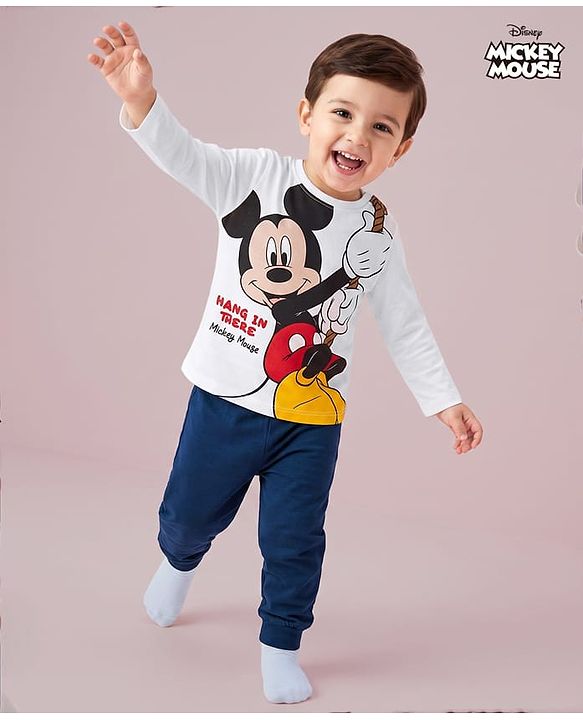 Babyhug Disney Single Jersey Knit Full Sleeves T-Shirt & Pyjama Night Suit With Mickey Mouse Graphic - White / Navy Blue