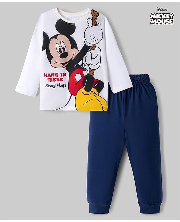 Babyhug Disney Single Jersey Knit Full Sleeves T-Shirt & Pyjama Night Suit With Mickey Mouse Graphic - White / Navy Blue