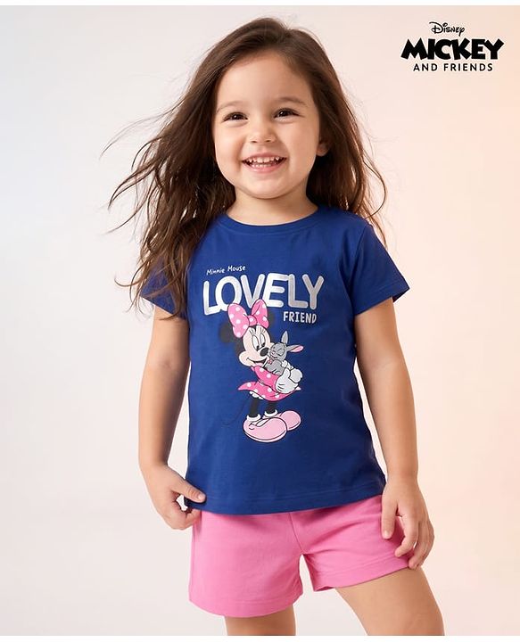 Babyhug Disney 100% Cotton Knit Half Sleeves T-Shirt & Shorts Night Suit With Minnie Mouse Graphic - Navy Blue & Pink