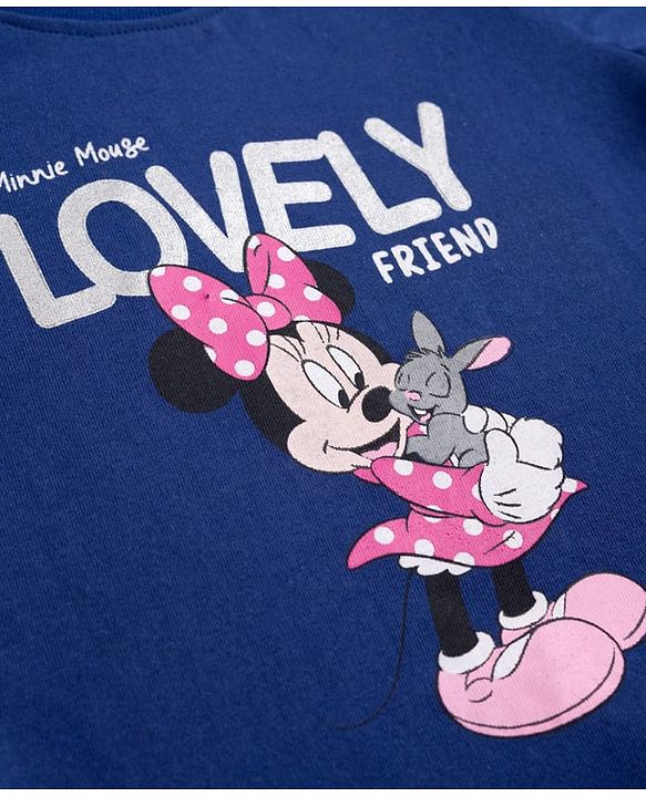 Babyhug Disney 100% Cotton Knit Half Sleeves T-Shirt & Shorts Night Suit With Minnie Mouse Graphic - Navy Blue & Pink