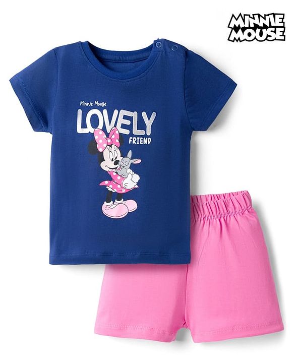 Babyhug Disney 100% Cotton Knit Half Sleeves T-Shirt & Shorts Night Suit With Minnie Mouse Graphic - Navy Blue & Pink