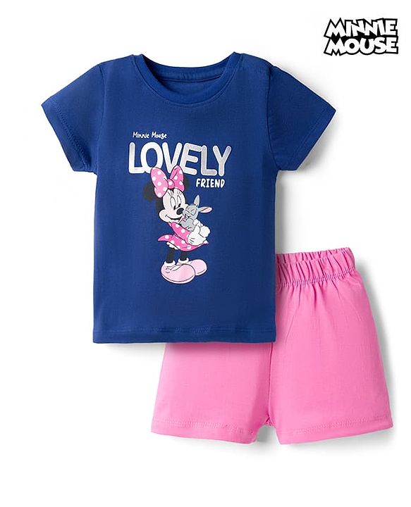 Babyhug Disney 100% Cotton Knit Half Sleeves T-Shirt & Shorts Night Suit With Minnie Mouse Graphic - Navy Blue & Pink