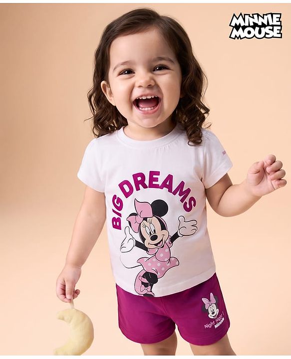 Babyhug Disney 100% Cotton Knit Half Sleeves T-shirt & Shorts Night Suit With Minnie Mouse Graphics - Dark Pink
