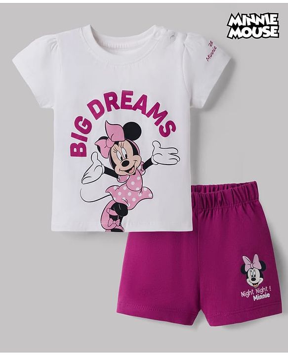 Babyhug Disney 100% Cotton Knit Half Sleeves T-shirt & Shorts Night Suit With Minnie Mouse Graphics - Dark Pink