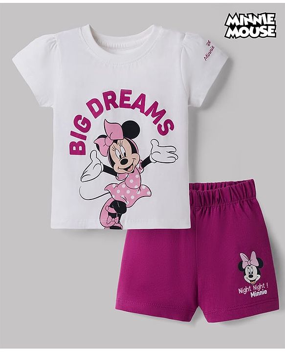 Babyhug Disney 100% Cotton Knit Half Sleeves T-shirt & Shorts Night Suit With Minnie Mouse Graphics - Dark Pink
