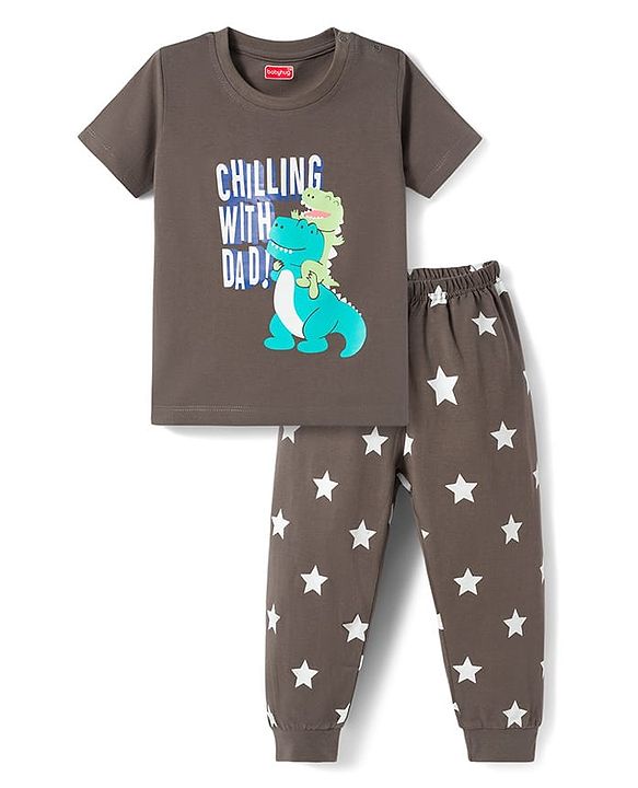 Babyhug Cotton Knit Half Sleeves T-Shirt & Pyjama Night Suit with Dino Print - Charcoal Grey