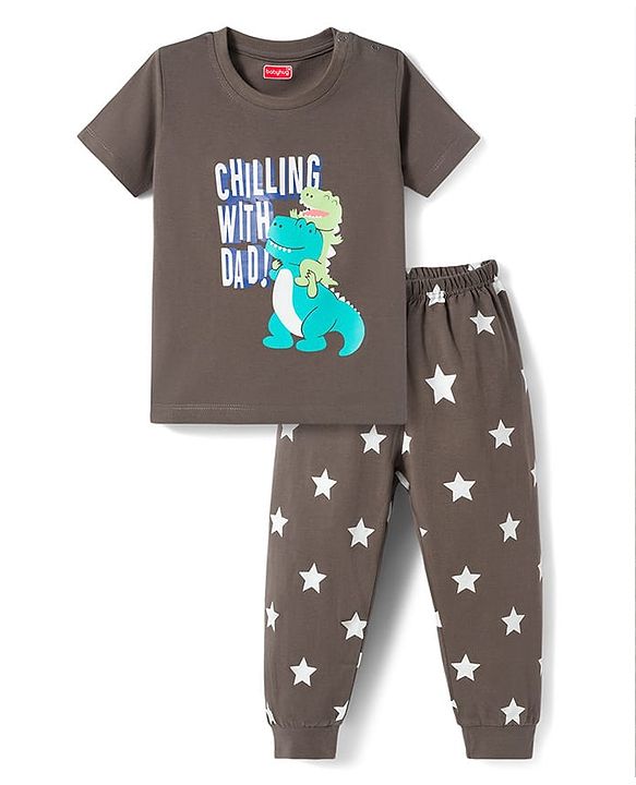 Babyhug Cotton Knit Half Sleeves T-Shirt & Pyjama Night Suit with Dino Print - Charcoal Grey