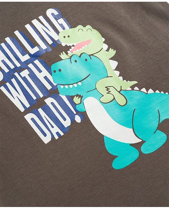 Babyhug Cotton Knit Half Sleeves T-Shirt & Pyjama Night Suit with Dino Print - Charcoal Grey