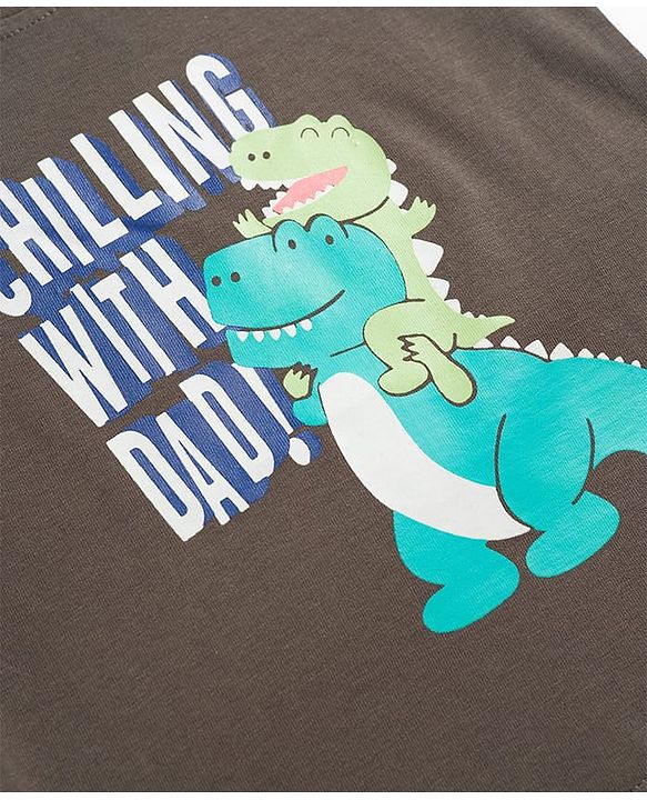 Babyhug Cotton Knit Half Sleeves T-Shirt & Pyjama Night Suit with Dino Print - Charcoal Grey