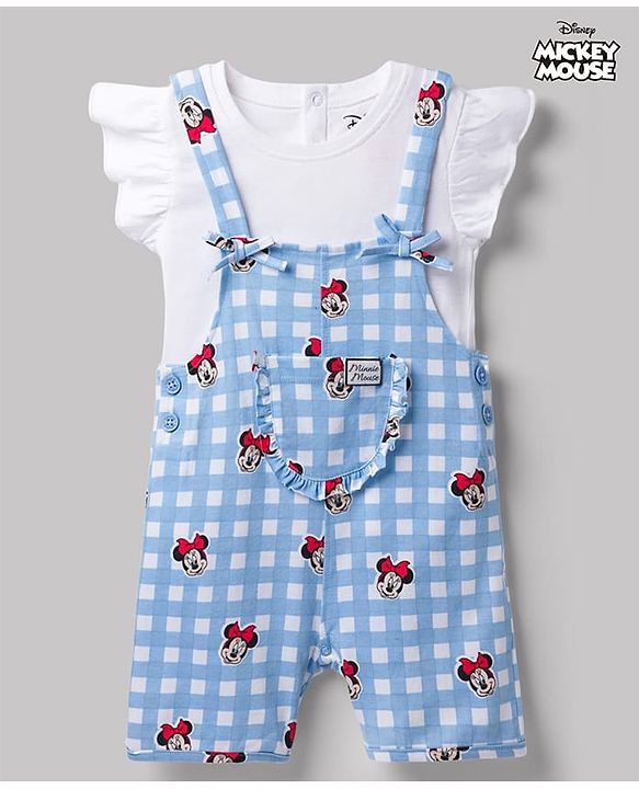 Babyhug Disney Half Sleeves Frill Detailing Dungaree Set With Minnie Mouse Graphic  - Light Blue