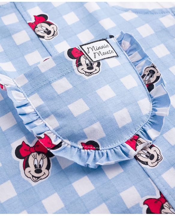 Babyhug Disney Half Sleeves Frill Detailing Dungaree Set With Minnie Mouse Graphic  - Light Blue
