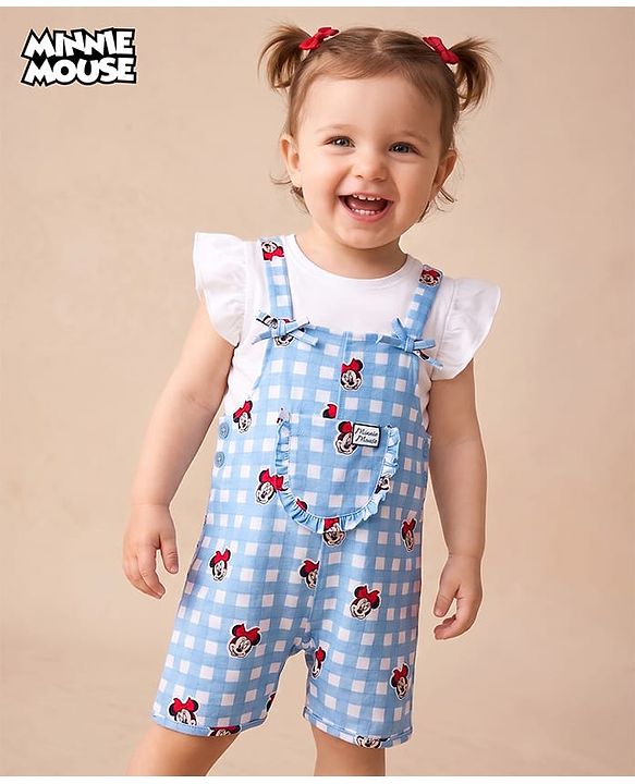 Babyhug Disney Half Sleeves Frill Detailing Dungaree Set With Minnie Mouse Graphic  - Light Blue