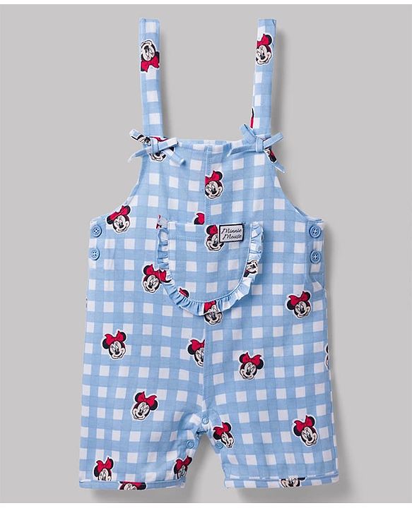 Babyhug Disney Half Sleeves Frill Detailing Dungaree Set With Minnie Mouse Graphic  - Light Blue