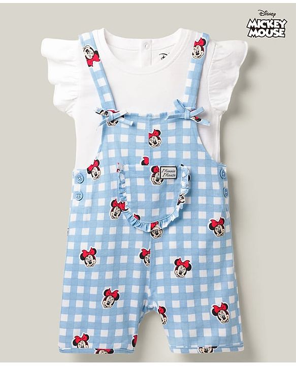 Babyhug Disney Half Sleeves Frill Detailing Dungaree Set With Minnie Mouse Graphic  - Light Blue