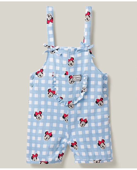 Babyhug Disney Half Sleeves Frill Detailing Dungaree Set With Minnie Mouse Graphic  - Light Blue
